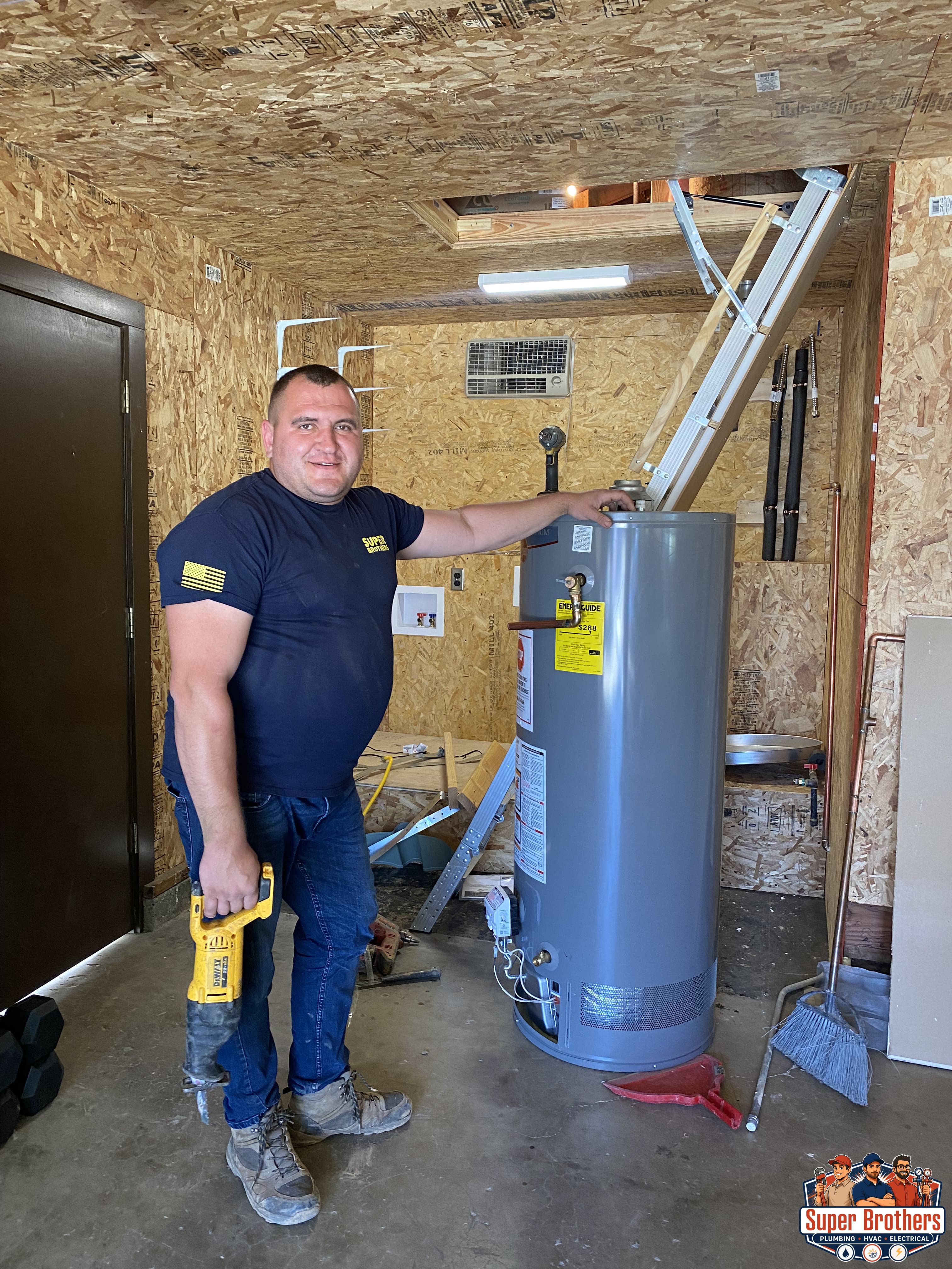 Plumbing professional installing a residential water heater