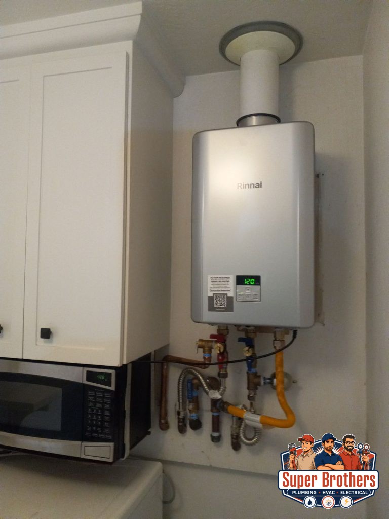 Wall-mounted tankless water heater in a Northern California home