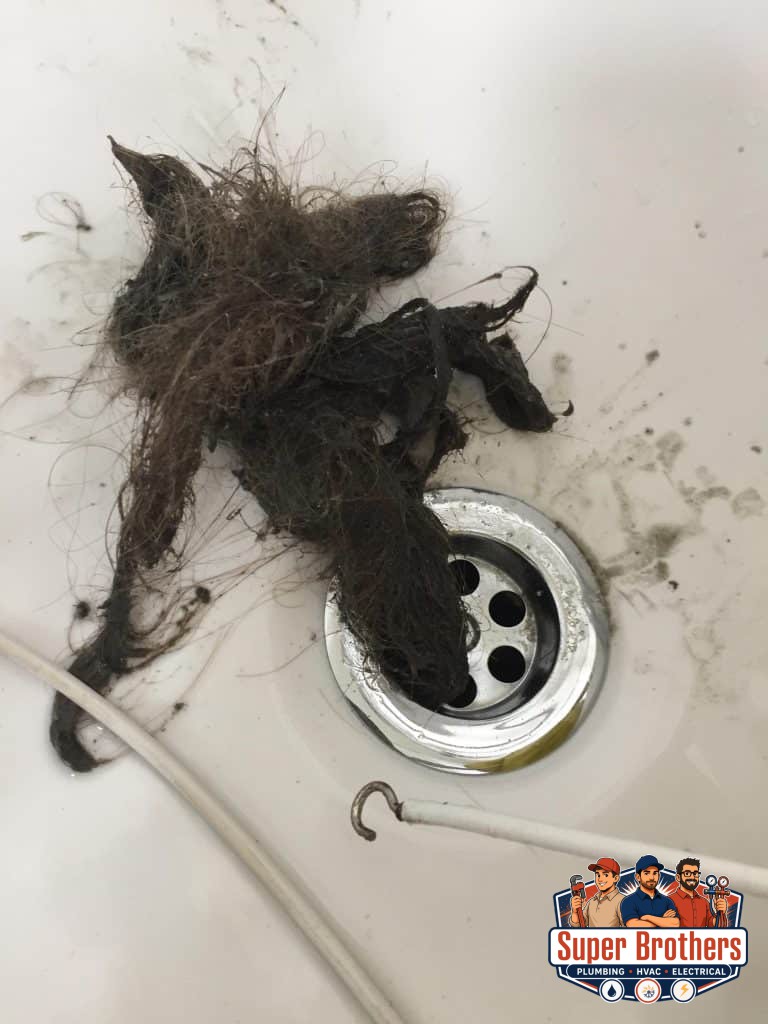 Drain cleaning bathroom sink with a lot of hair