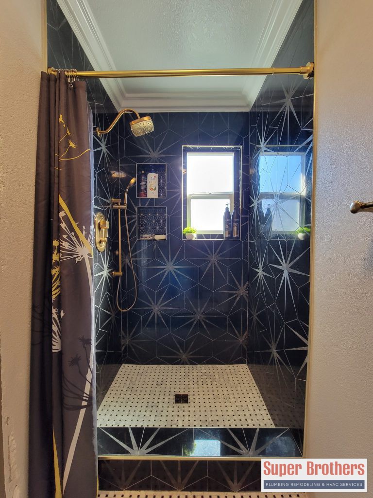 shower installation with marble tiles