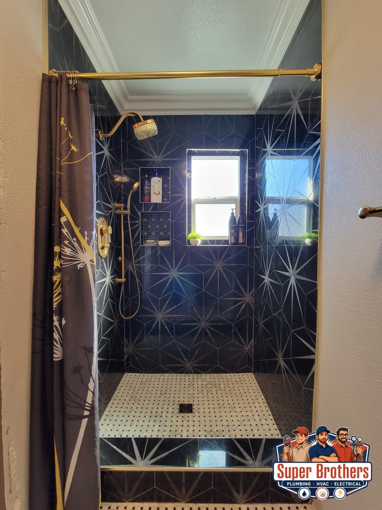 shower installation with marble tiles