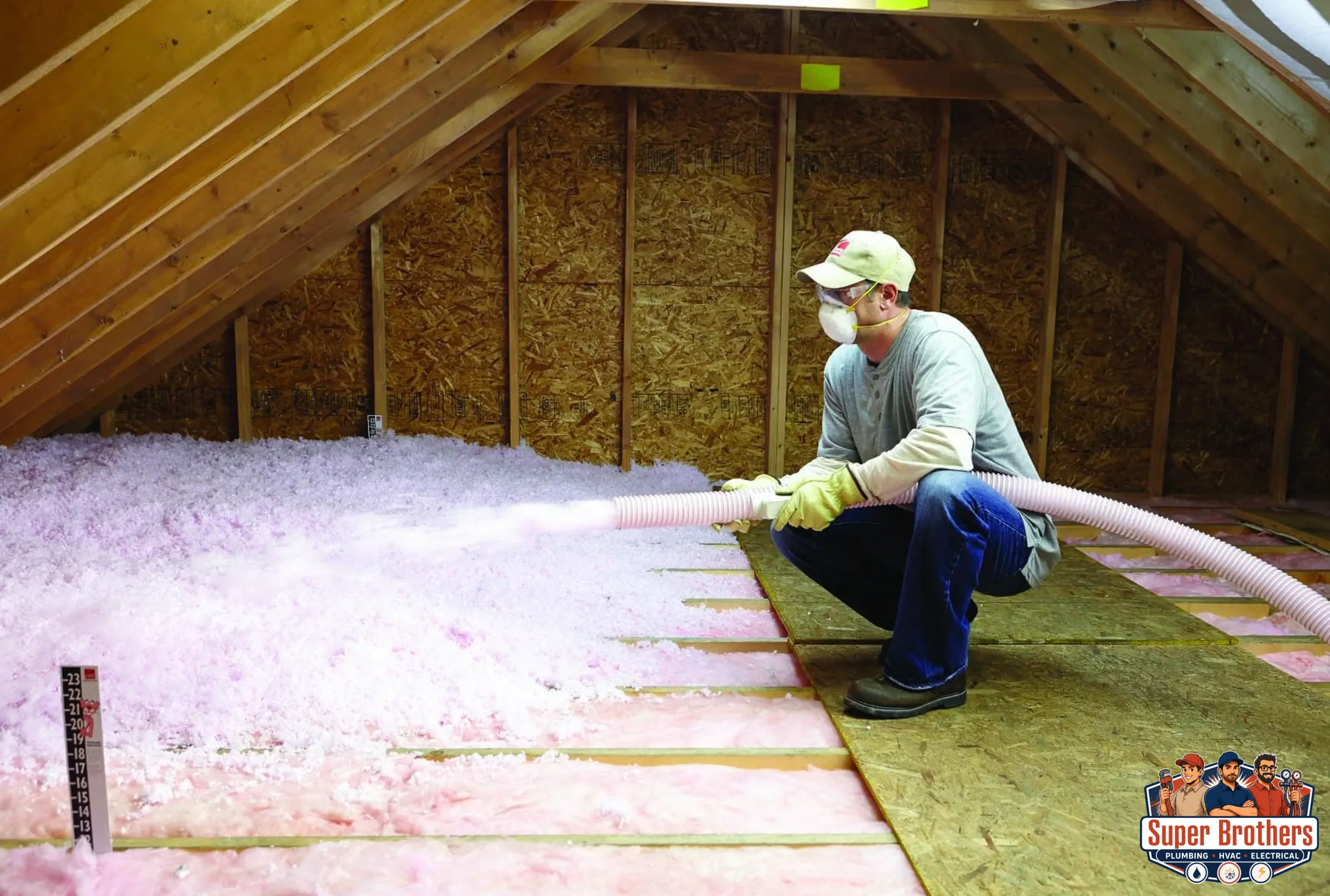 technician is blowing the insulation in the attic