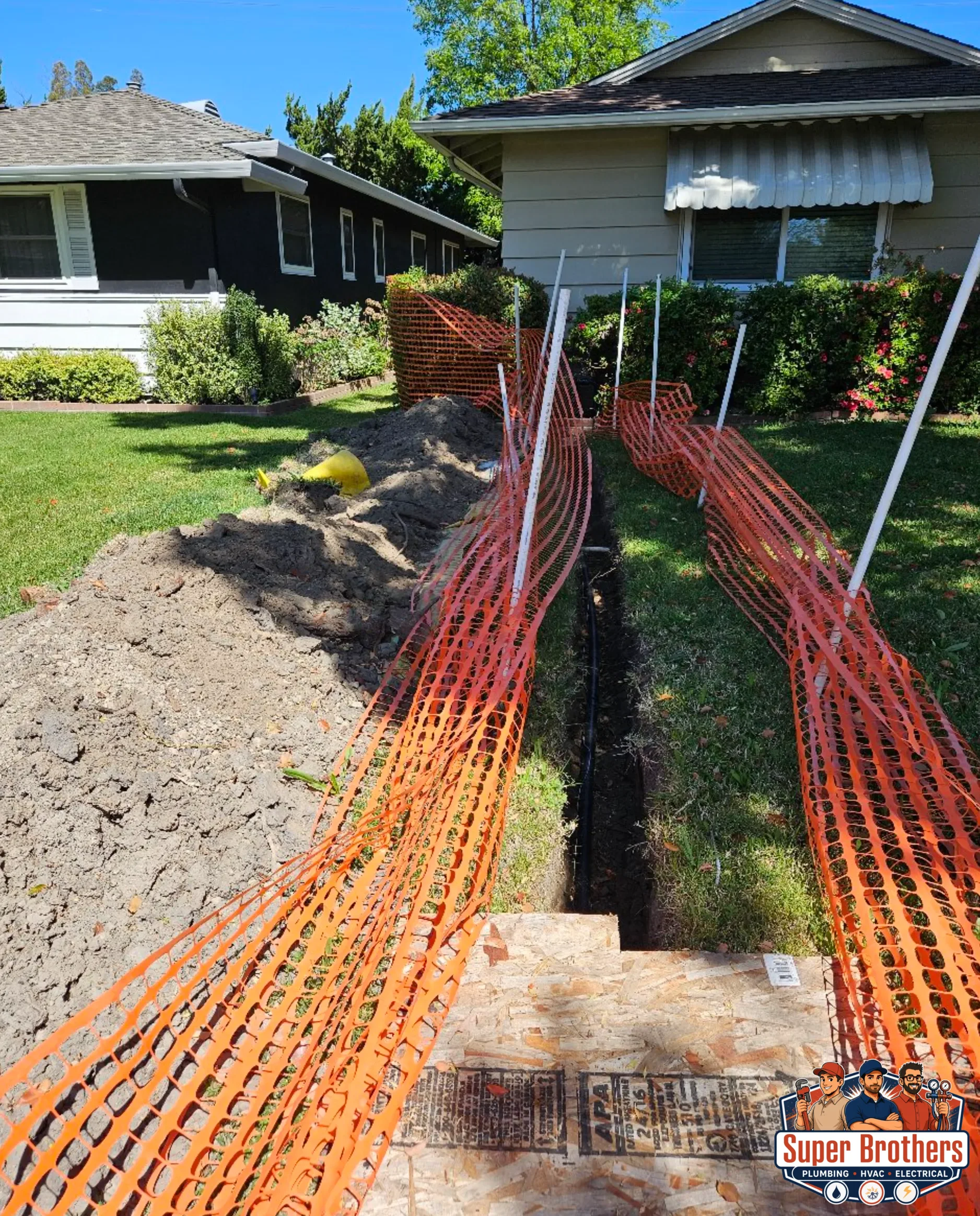 Water line trenching and repair work in a Sacramento front yard