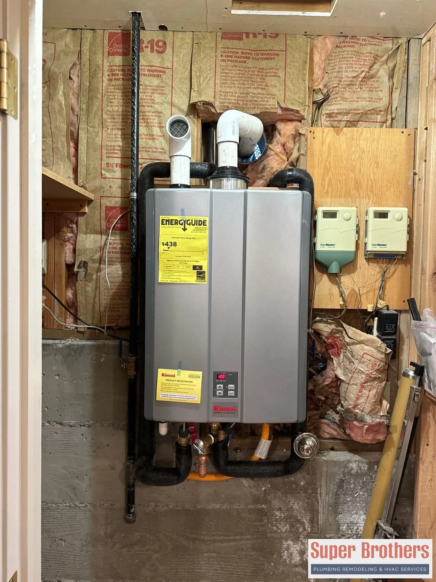 Tankless water heater venting and gas line connections installed to code in Mountain View