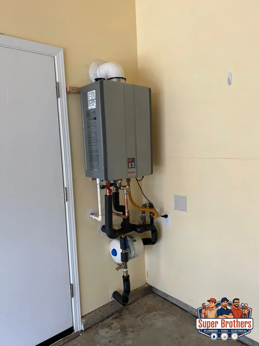 Tankless water heater installed on a wall with service valves and venting in Sacramento home