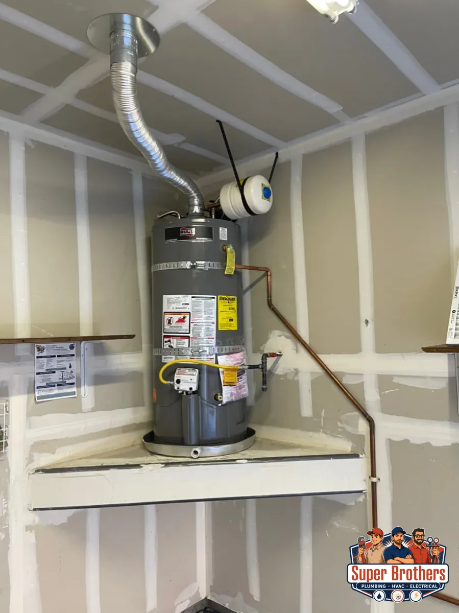 A modern water heater installed cleanly in a Sacramento home garage