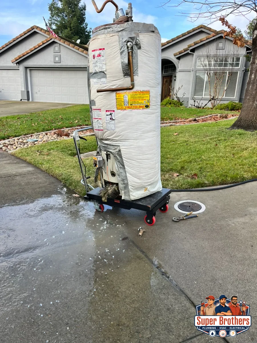 Plumber replacing a gas water heater in a Sacramento