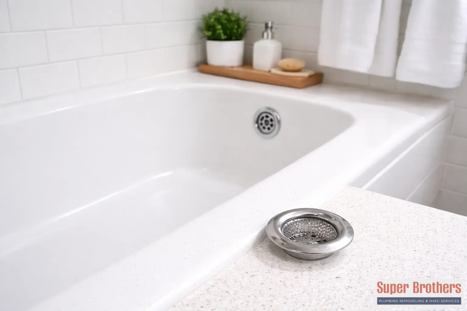 Clean modern bathroom with a bathtub drain screen beside the tub