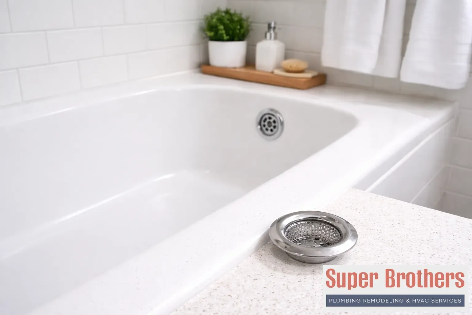 Clean modern bathroom with a bathtub drain screen beside the tub