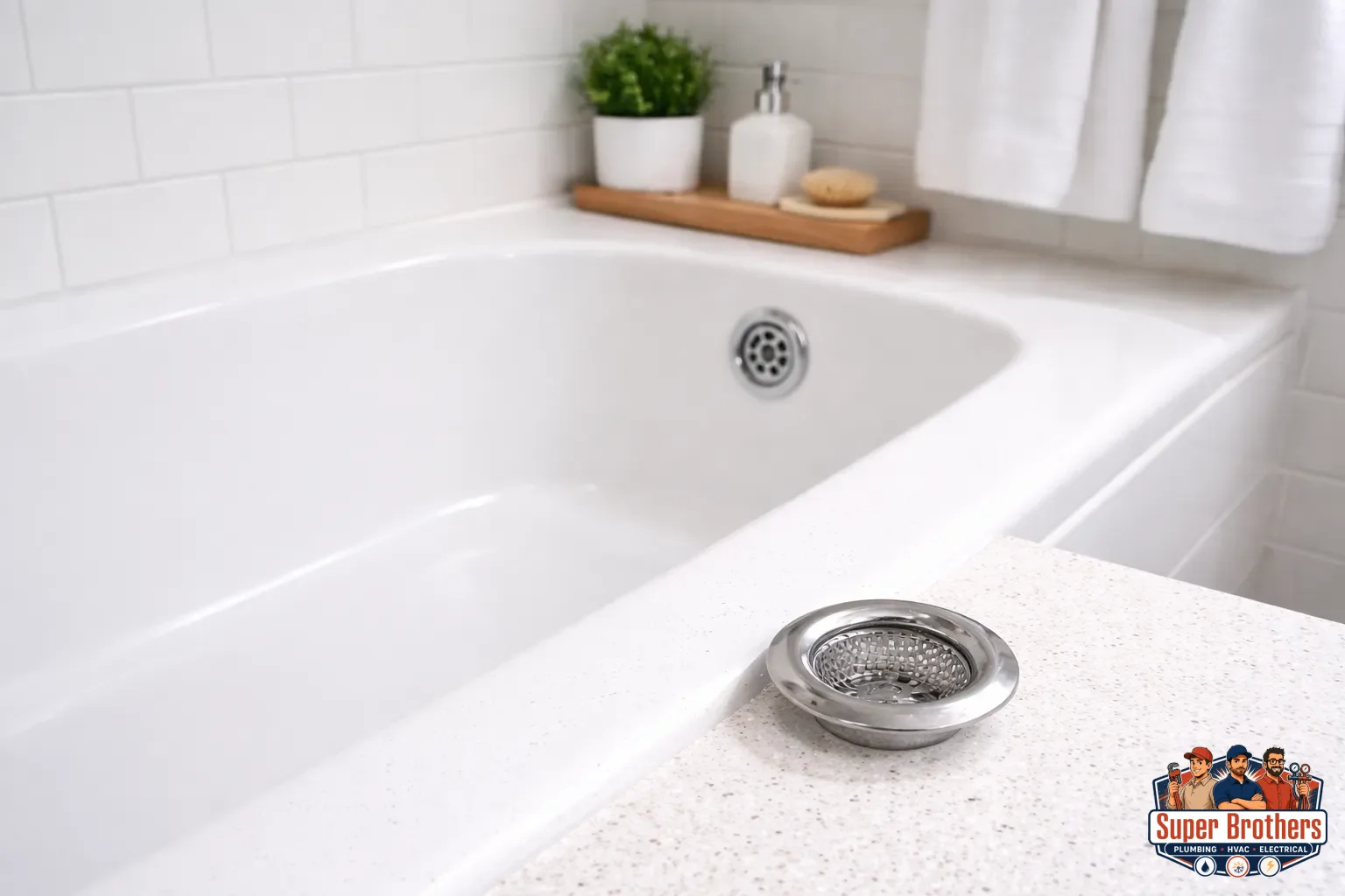 Clean modern bathroom with a bathtub drain screen beside the tub