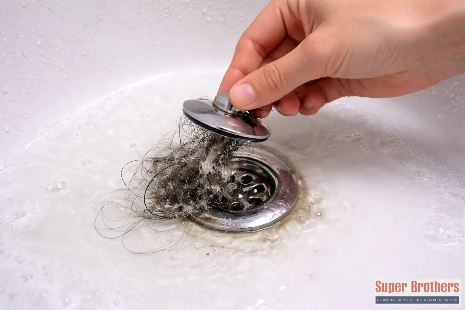 Hand removing hair and debris from a bathtub drain stopper