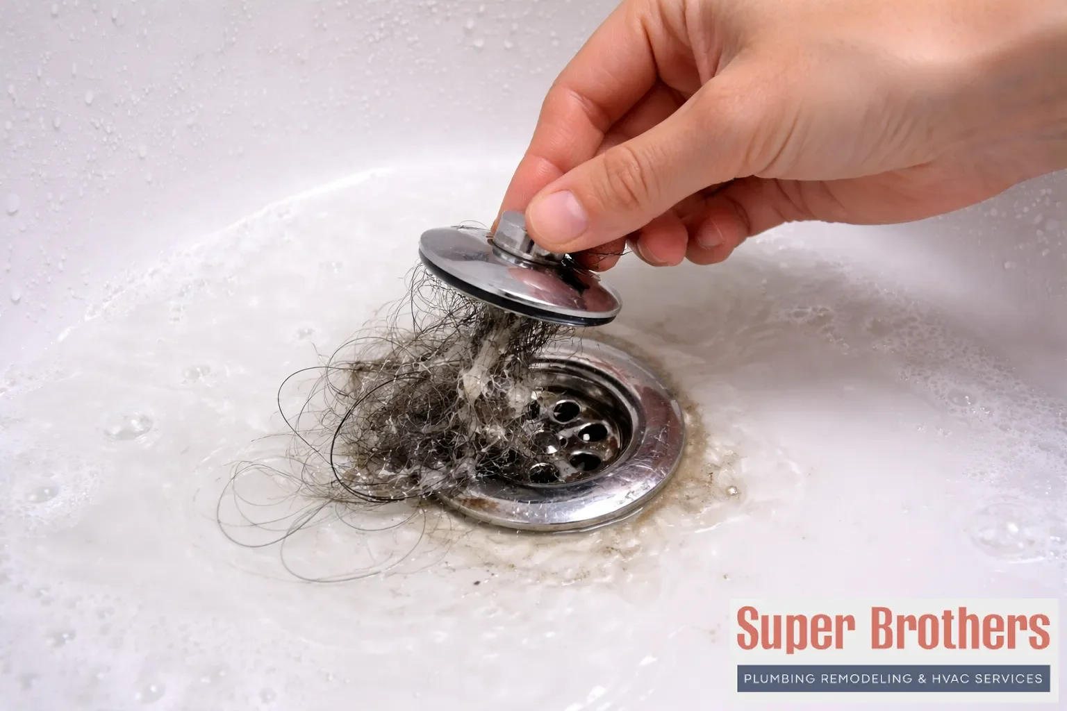 Hand removing hair and debris from a bathtub drain stopper
