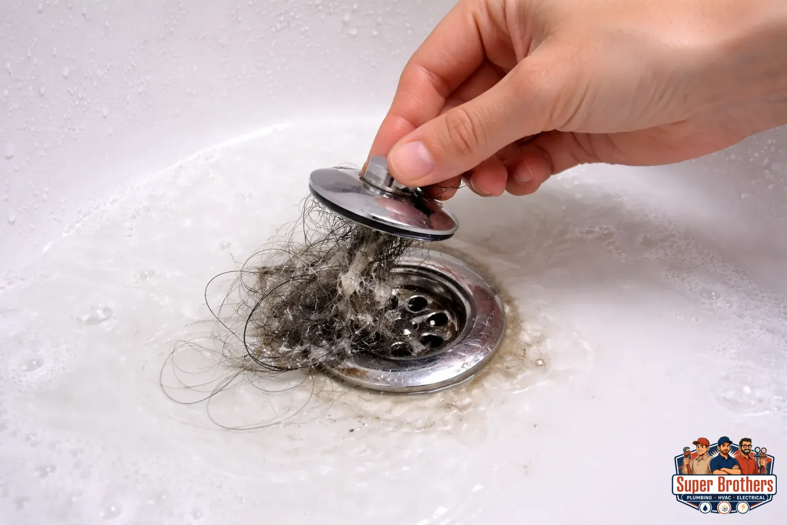 Hand removing hair and debris from a bathtub drain stopper