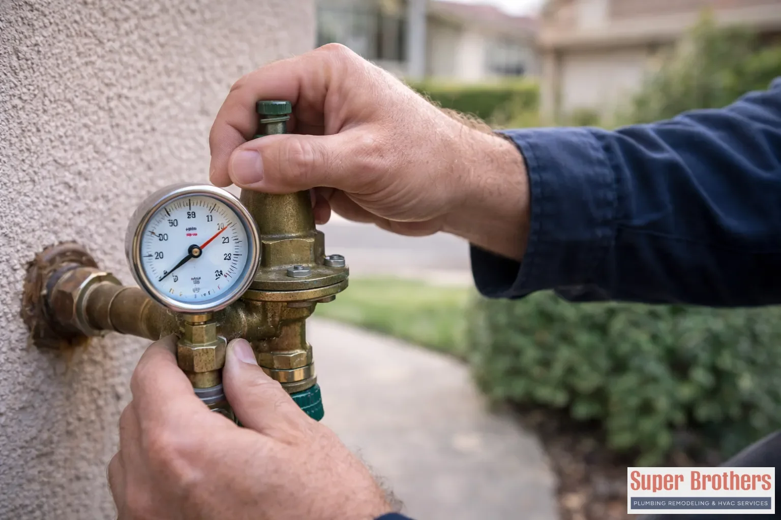 Plumber checking water pressure gauge at an outdoor hose bib in the Bay Area
