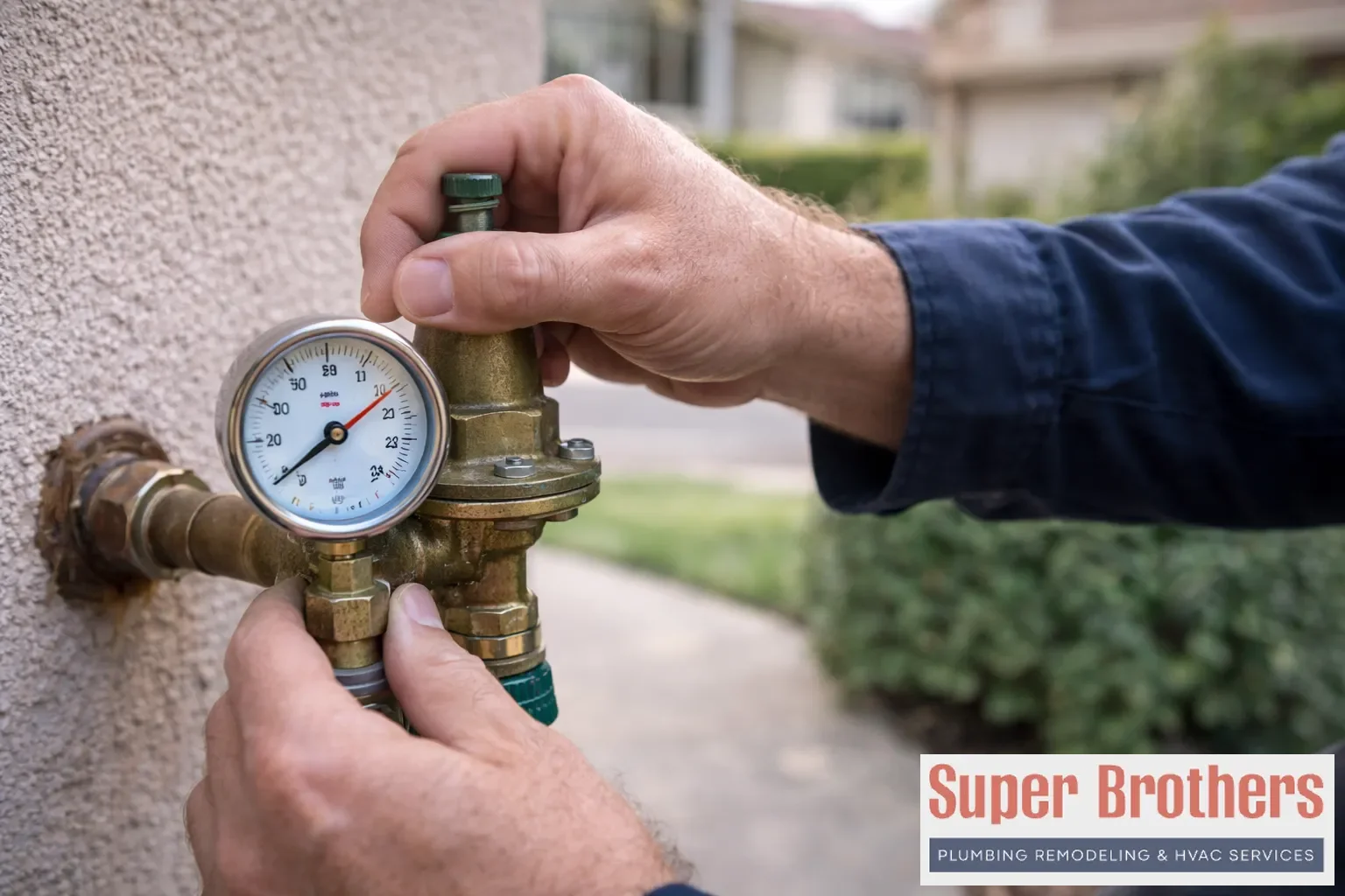 Plumber checking water pressure gauge at an outdoor hose bib in the Bay Area