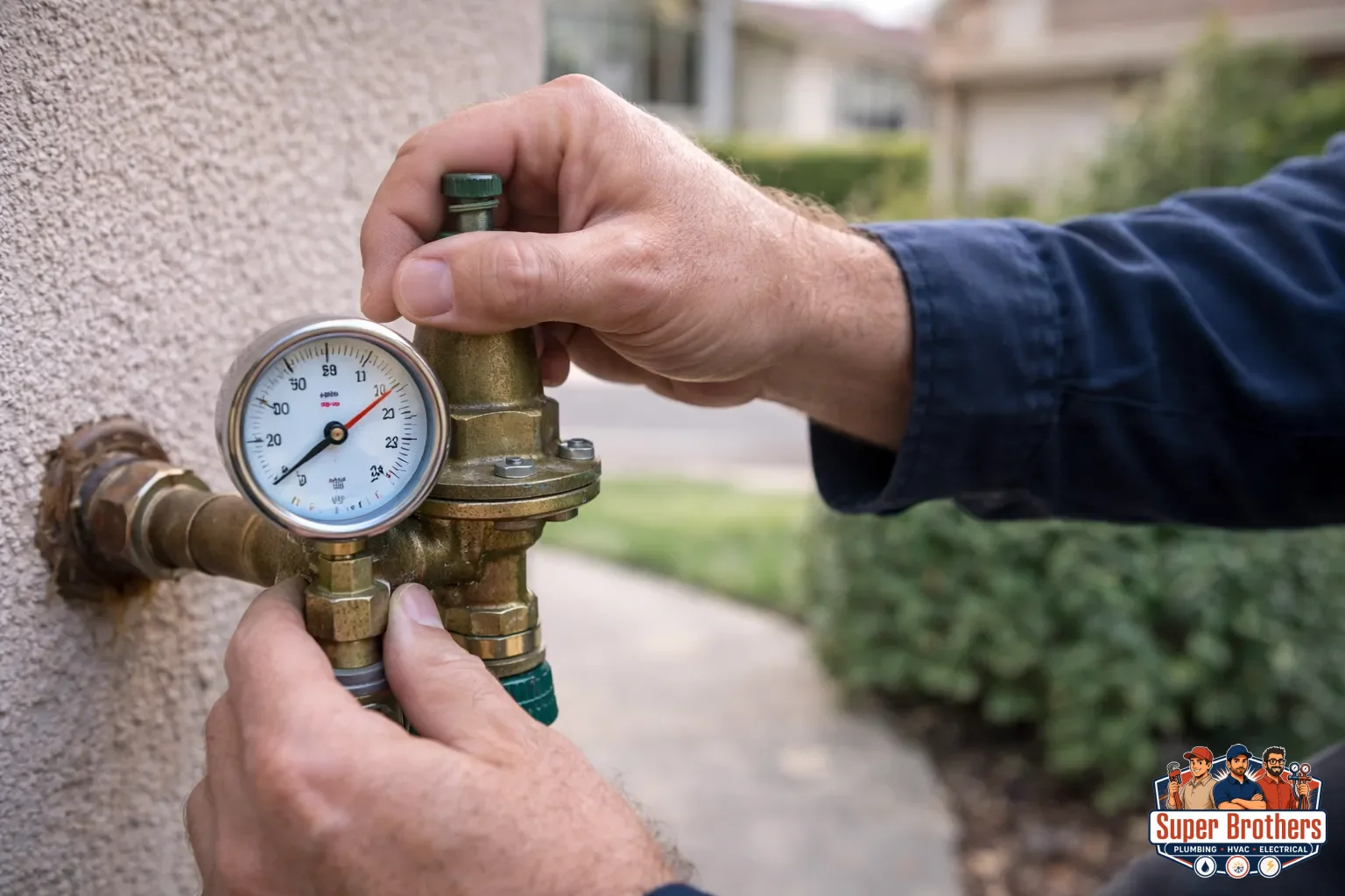 Plumber checking water pressure gauge at an outdoor hose bib in the Bay Area