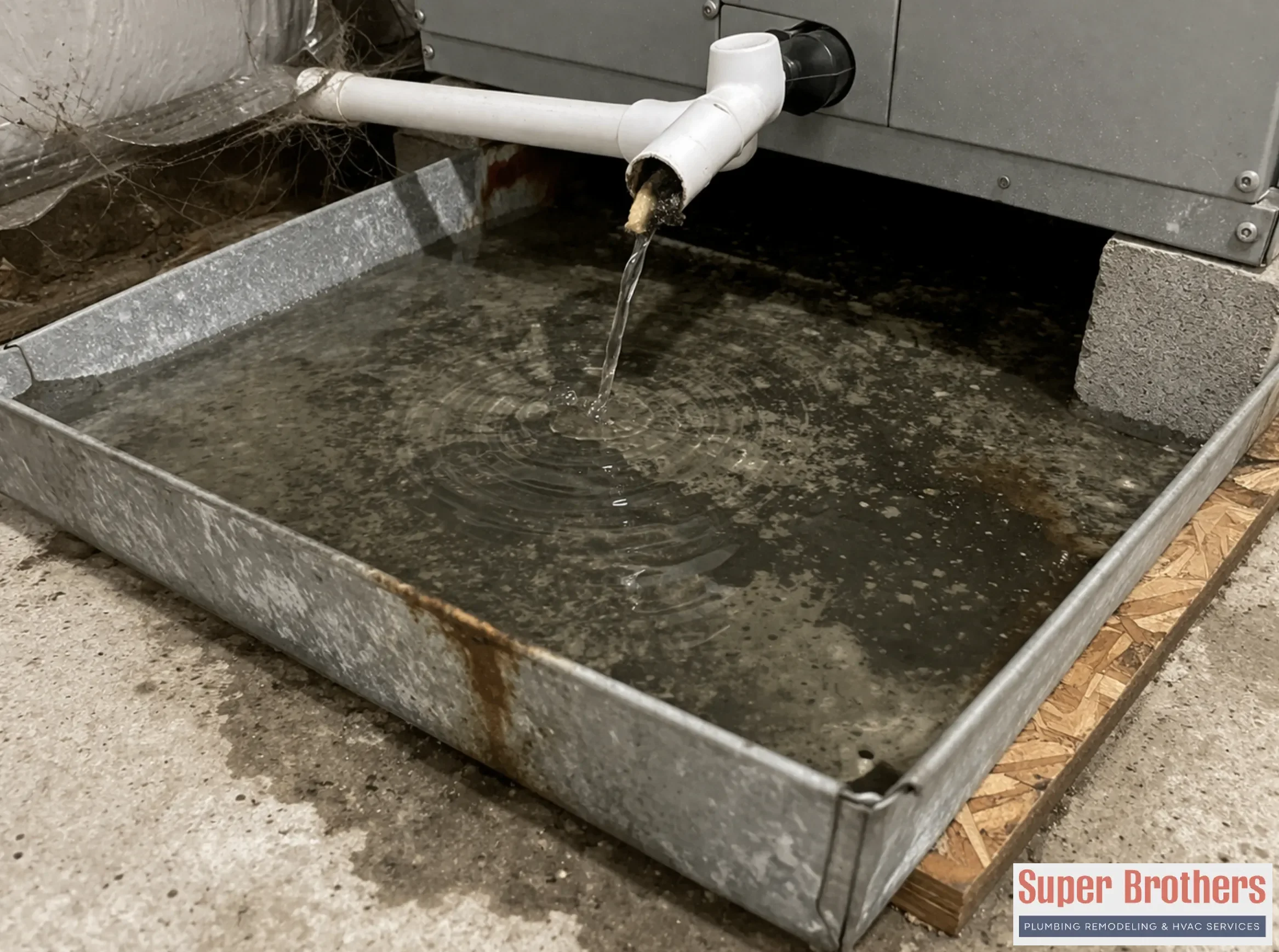 Water collecting in an AC drain pan from a clogged condensate line
