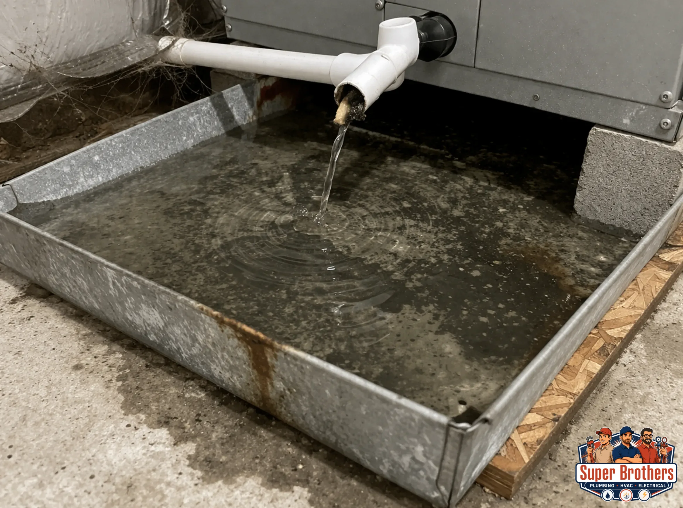 Water collecting in an AC drain pan from a clogged condensate line