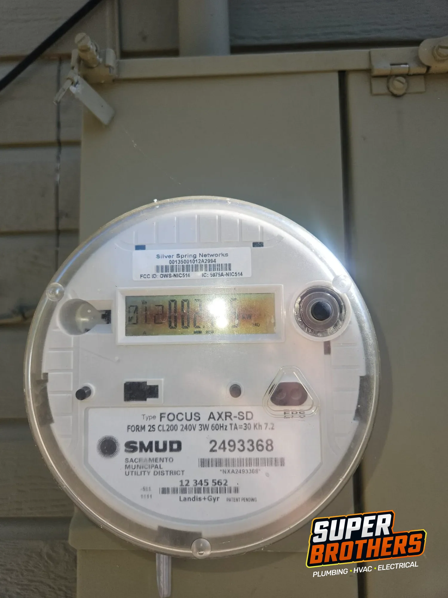 SMUD electric meter documented during rooftop AC service visit SMUD electric meter documented during rooftop AC service visit