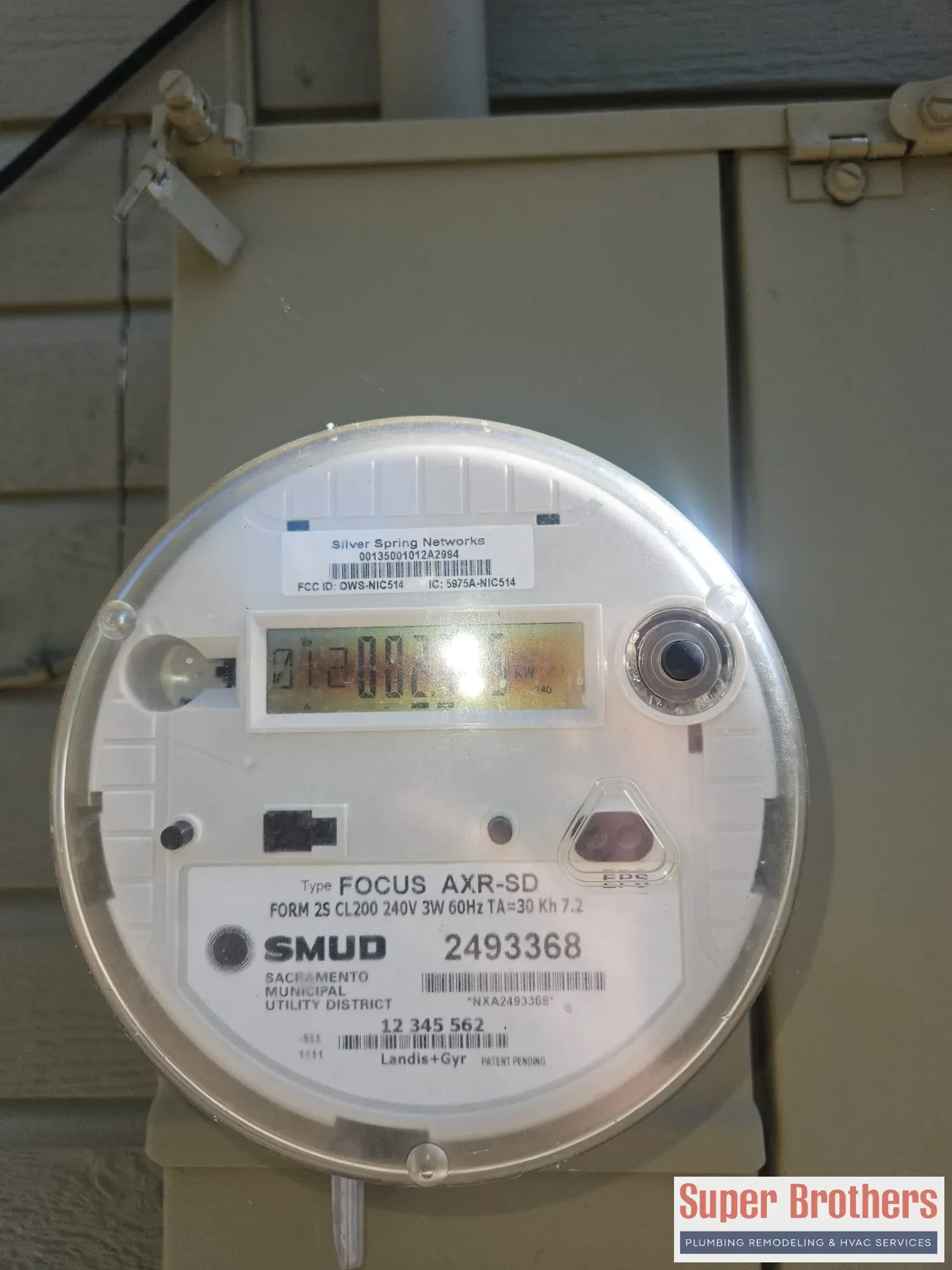 SMUD electric meter documented during rooftop AC service visit SMUD electric meter documented during rooftop AC service visit