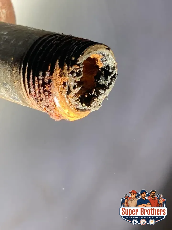 Rust and mineral buildup inside an old galvanized drinking water pipe