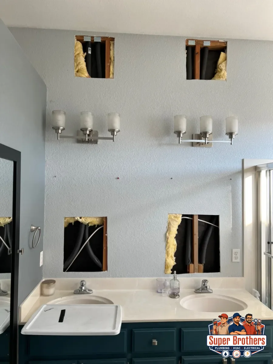 New water supply pipes installed inside an open bathroom wall